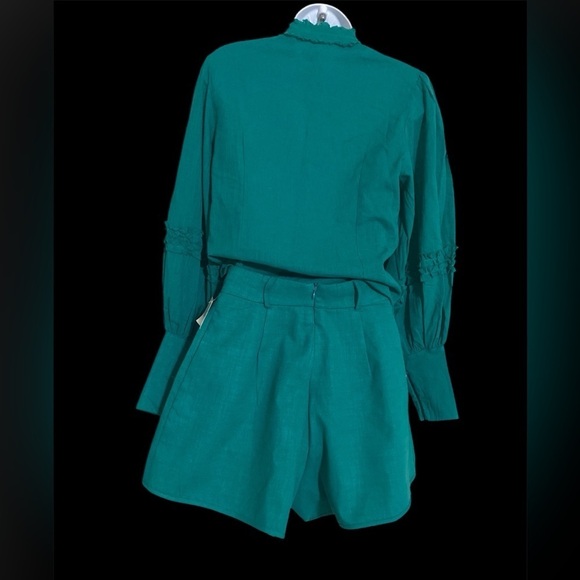 Peekskill set pant blouse women S teal ruffles button down event vacation Y2K - Picture 2 of 12